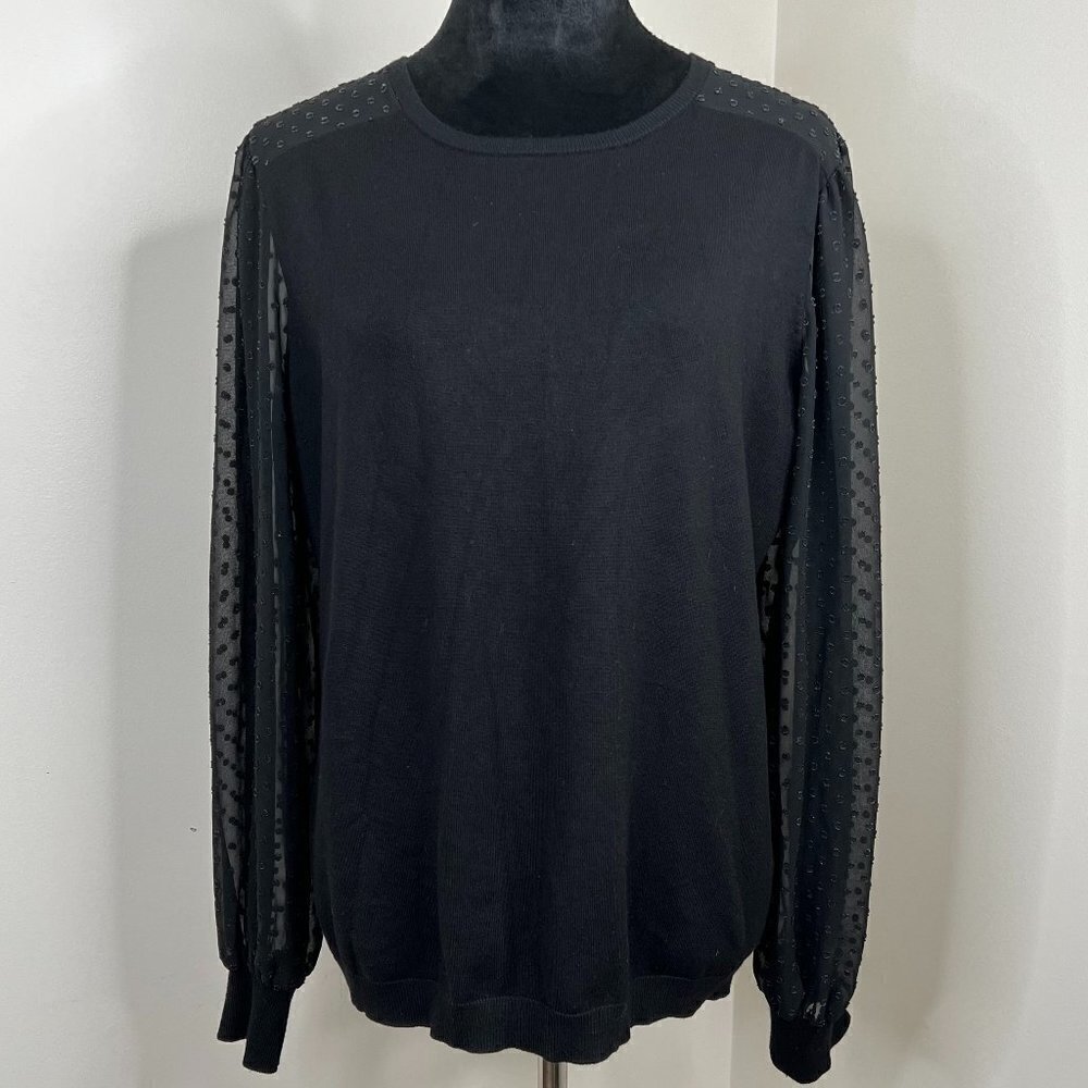 Adrianna Papell Swiss Dot Sheer Sleeve Crewneck Long Sleeve Sweater